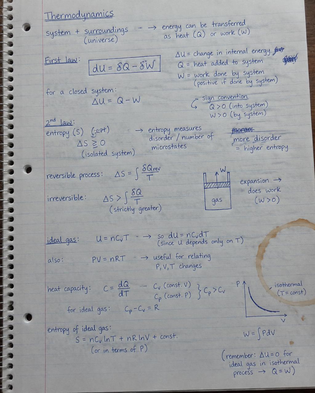 Original handwritten thermodynamics notes